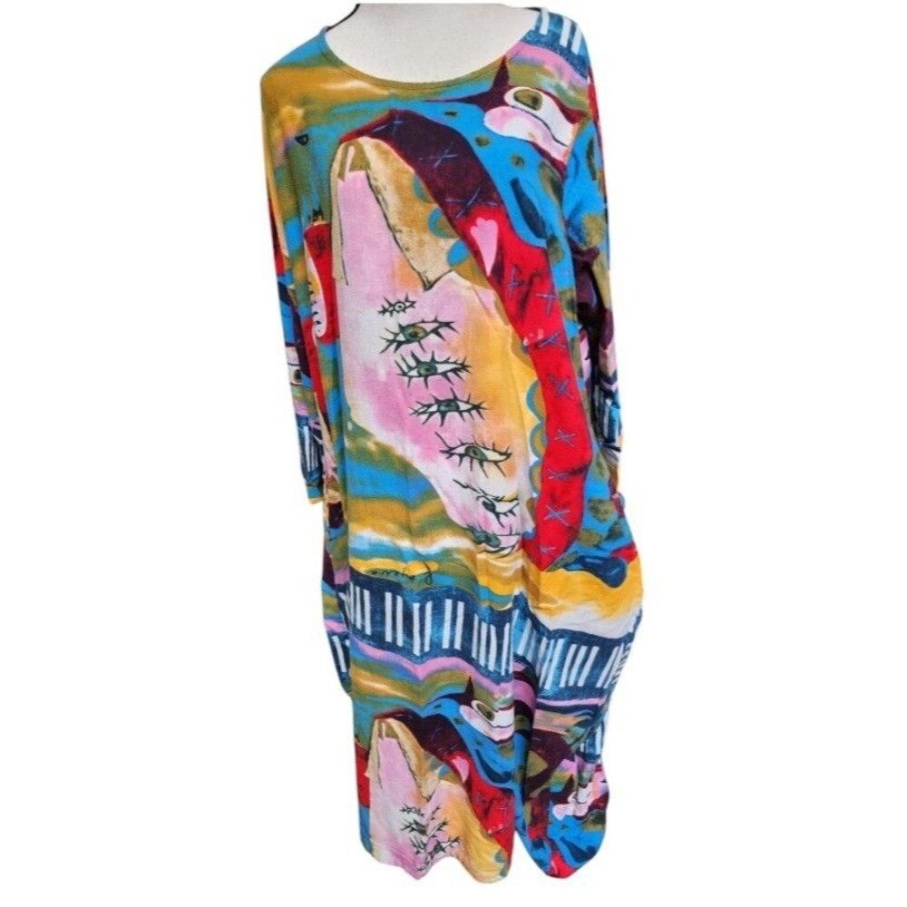Artsy Lagenlook  Boho Dress Size L Abstract Hippie Midi Side Pockets